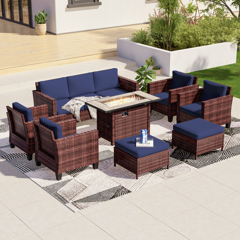 Canapé de patio 8 pièces avec foyer rectangulaire et repose-pieds, Brun, Marine