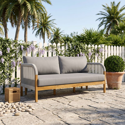 Acacia Wood and Woven Rope Outdoor Two Seat Sofa with Cushions