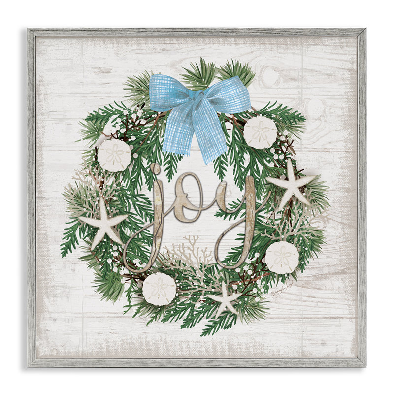 Couronne de Noël côtière, art de la giclée encadrée, design par Jennifer Pugh, H 12 po x l 12 po, Estampe numérique Farmhouse