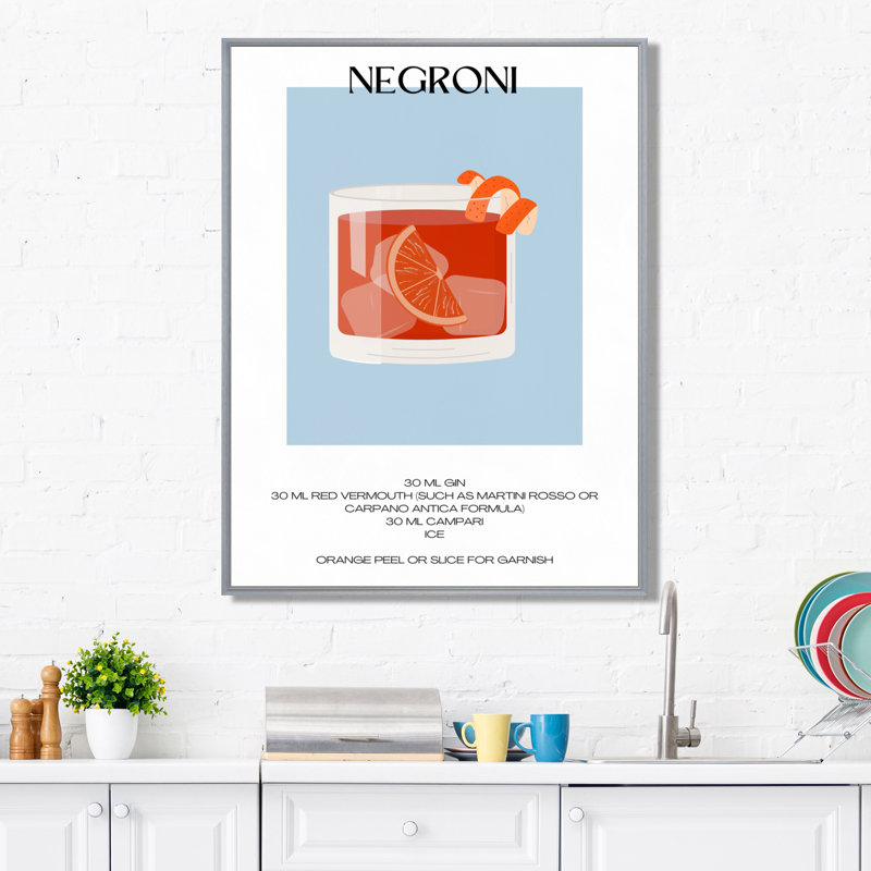 «Negroni Old Fashioned Glass Cocktail», reproduction d'art mural, Cadre flottant argent, H 40 po x l 30 po