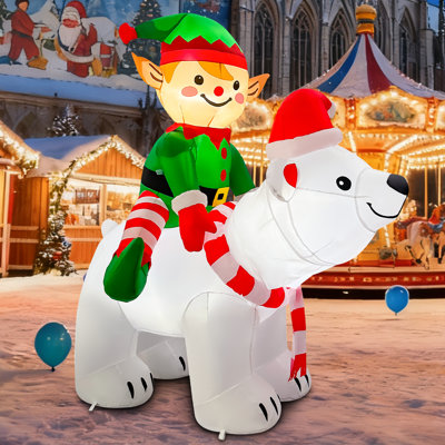 6 FT Christmas Elf Riding Shaking Head Polar Bear with Built-In LED Lights