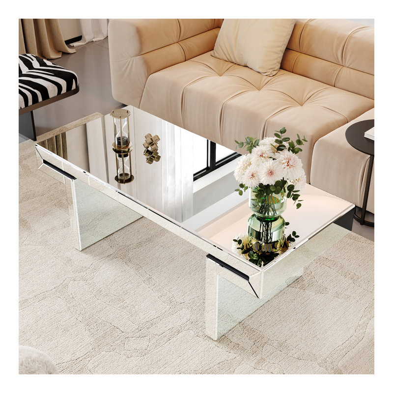 47 Inches Luxury Rectangular Mirror Coffee Table With Fluted Tempered Glass, Modern Sofa Side Table, Easy 2-Step Assembly, Light Luxury Style, Reinforced Packaging