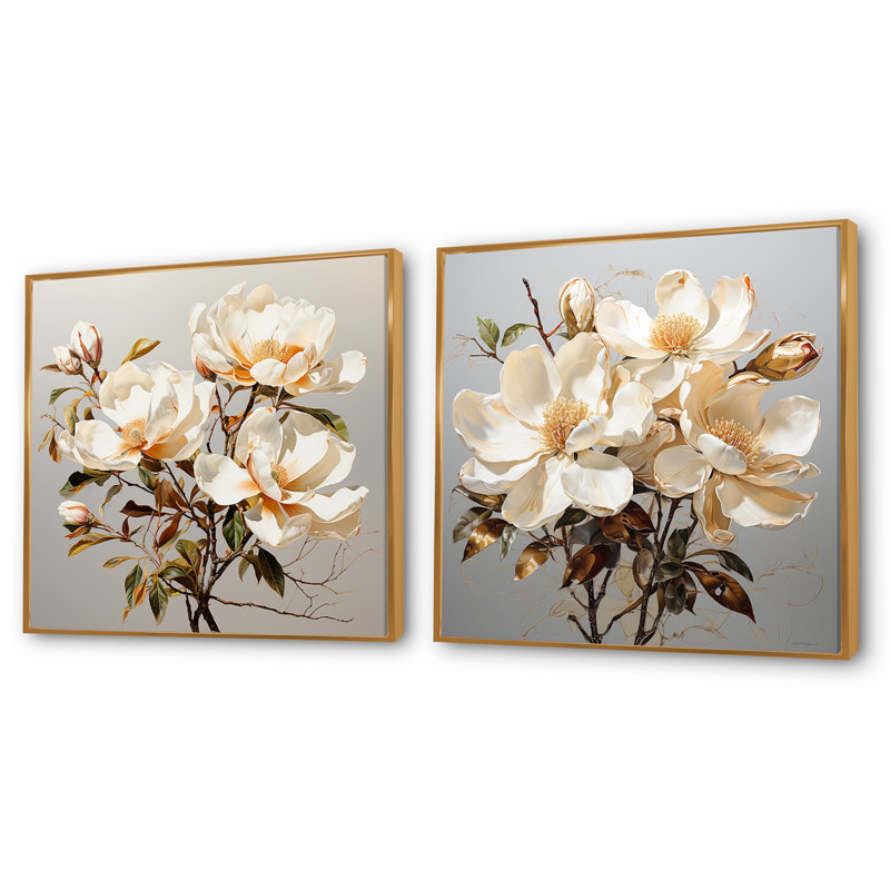 Magnolia beige et vert Blooms - Magnolias carré ensemble de 2 collages, Cadre flottant doré, H 36 po x l 73 po