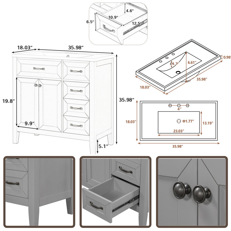 Meuble-lavabo simple 36 po avec comptoir en céramique Passarelli