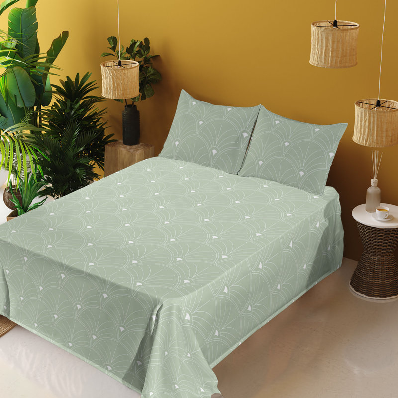 Microfiber Sheet Set, Full Sheet Set with 2 Pillowcases, Pale Green/White Geometric