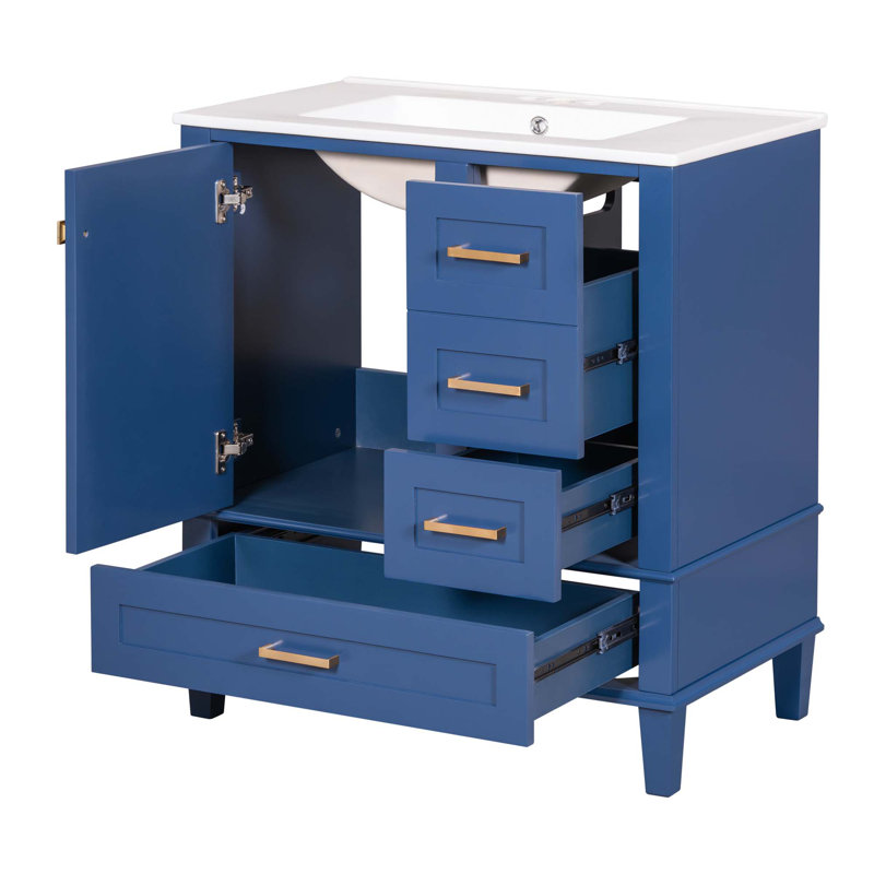 Meuble-lavabo moderne avec lavabo, 1 porte à fermeture douce et 3 tiroirs, Bleu