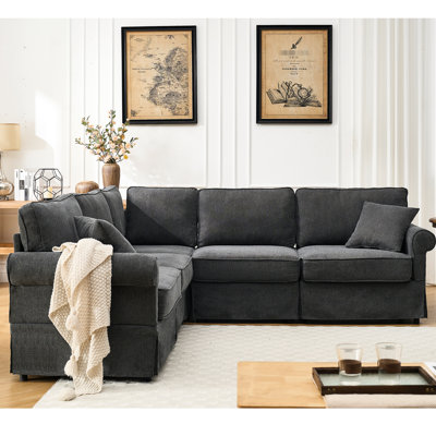 5 L Shaped , Upholstered Sectional Couch With Pocket Spring, Dark Gray For Living Area L-Shaped Thick Padding, Primary Space