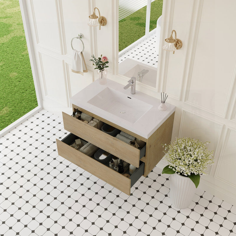 Meuble-lavabo flottant avec lavabo, armoire de rangement murale moderne avec lavabo à surface solide et tiroirs à fermeture en douceur