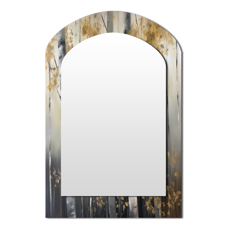 Birch Tree Dense Forest II - Tree Asymmetrical Mirror, Grey Arch Unique Wall Mirror, Printed Metal Art, 43" x 33"