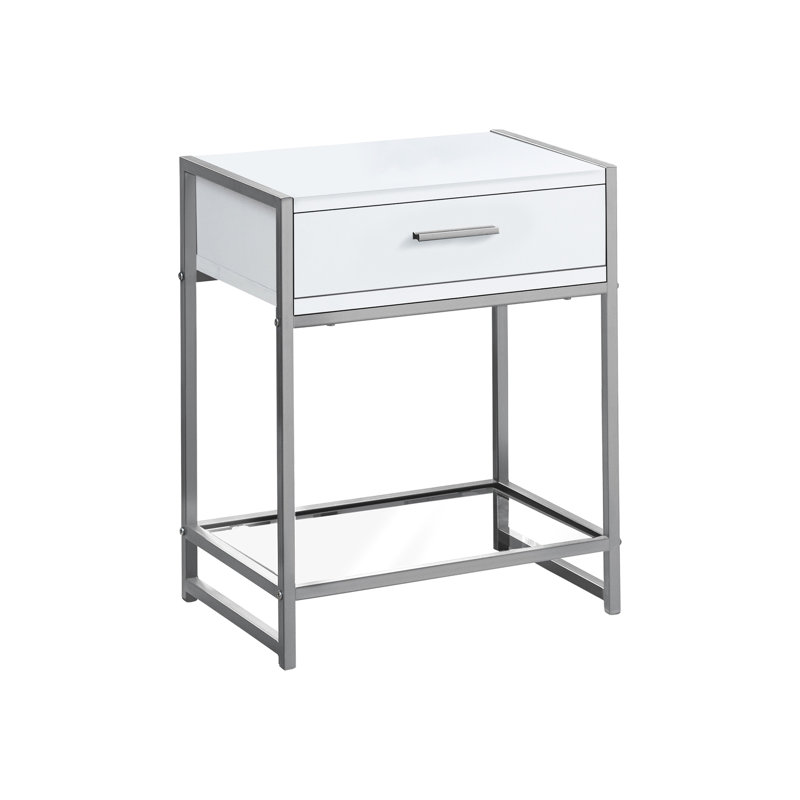 Compact Nightstand With White Laminate, Grey Metal And Storage Compartment For Bedroom Modern