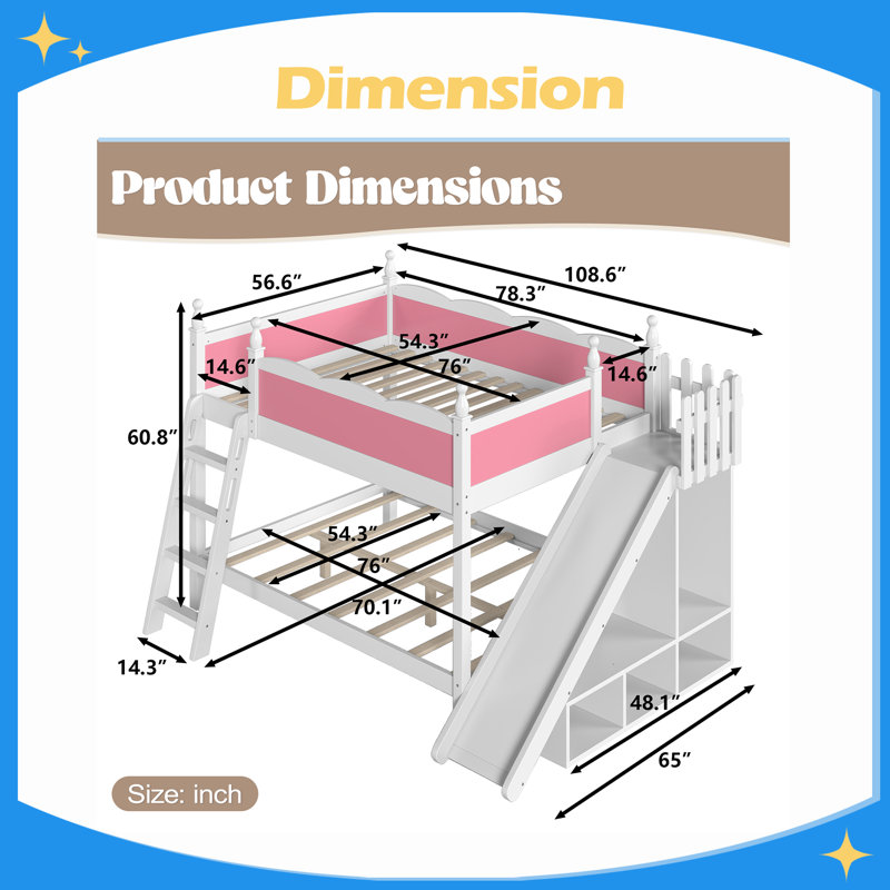 Lit superposé double au-dessus de double avec tablettes de rangement, lit superposé en bois massif avec glissière et échelles, conception à profil bas