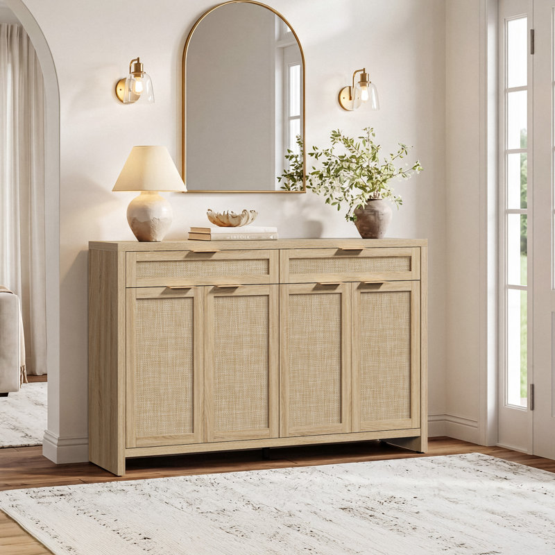 Buffet Consiglia en rotin de 150 cm (59 po) avec 2 tiroirs et 4 portes, tablettes réglables, Reclaimed Light Oak, 1