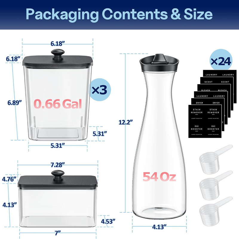 Ensemble de 3 contenants à lessive noirs avec couvercles, ensemble de distributeur de détergent 54 oz avec porte-feuilles et étiquettes