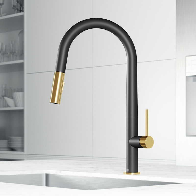 Greenwich 18" H 1-handle Pull-Down 2-Function Sprayer Kitchen Faucet, Matte Black/Matte Brushed Gold