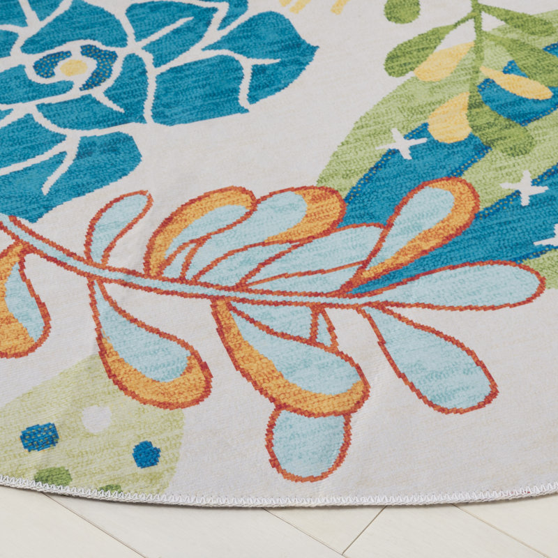 Meenakshi Performance Machine Washable Floral Rug, Round 6'