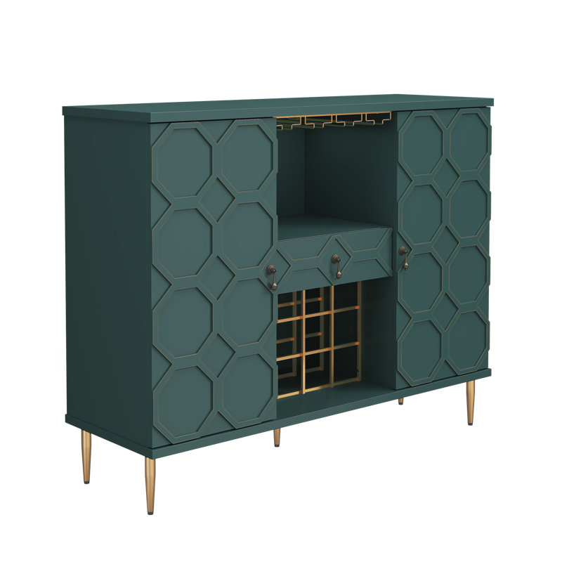47.23'' Large Coffee Bar Cabinet with Bottle Rack Buffet Sideboard Table for Home, Honeycomb Carving Modern Design, Green