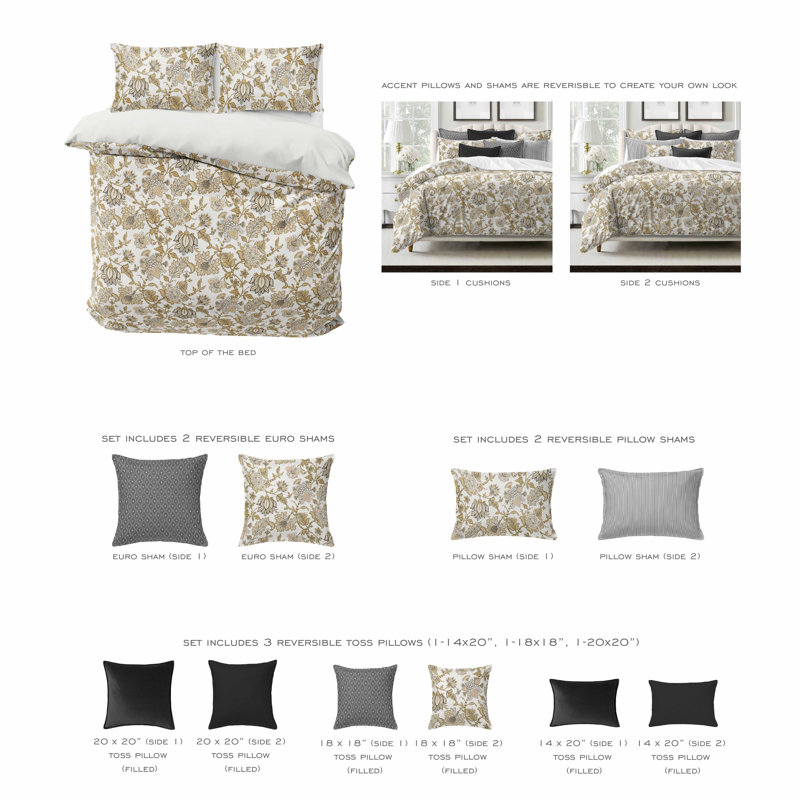 Bronte Gold Cotton Duvet Cover Set, California King Duvet Cover + 7 Additional Pieces