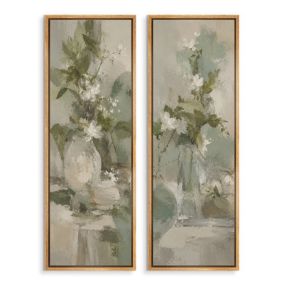 Sage Green White Flowers in Vases Neutral Botanical Decor – Set of 2 Framed Wall Art Print on Canvas 60"x20"x2