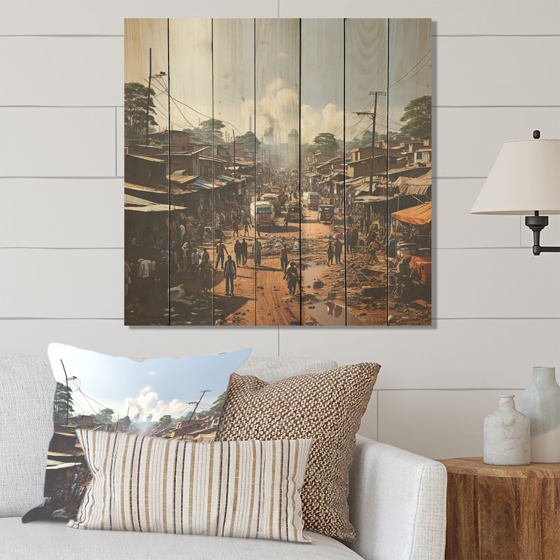 African Hausa Market Day - Cityscape On Wood Print, 15" H x 15" W