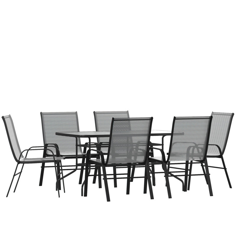 Elgin Patio Dining Set with Glass Table and Flex Stack Chairs, 6, Gray