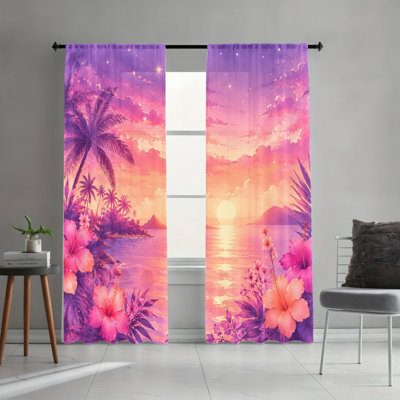 2PCS Tropical Palm Hibiscus Sunset Beach Paradise Light Filtering Rod Pocket Curtains, Bright Summer Ocean Scenery Print Window Drapes, All Season Vacation Home Decor for Living Room, Bedroom, Study, Coastal Tropical Window Coverings