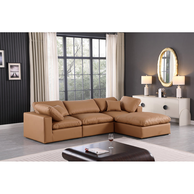 Canapé modulaire réversible de 120 po en similicuir de large avec repose-pieds, Cuir cognac végétalien
