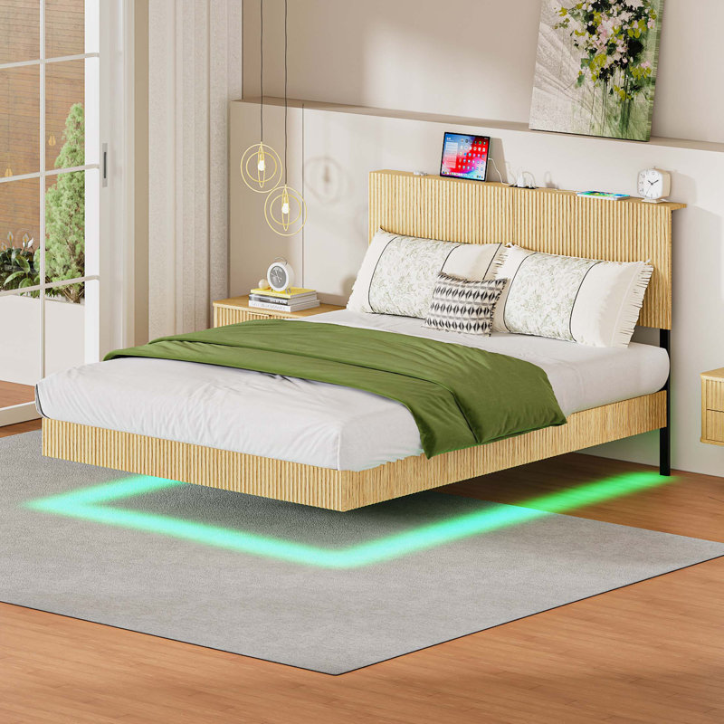 Queen Floating Bedstead, With Charging Station And Led Lights, Wavy Headboard, With Heavy Metal Flat Noodles No Box Springs Required
