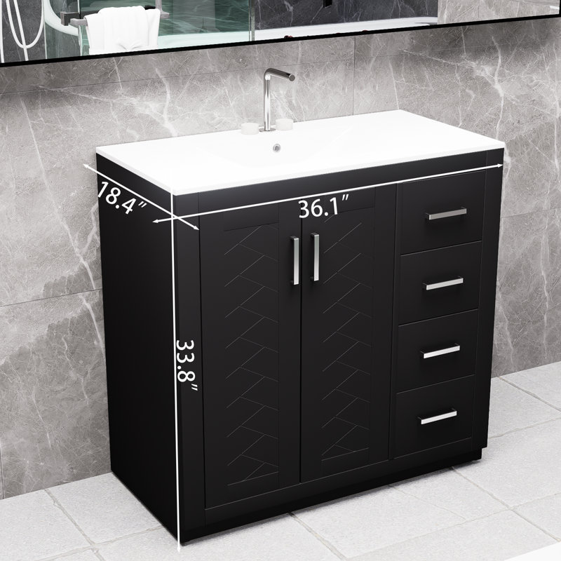 Meuble-lavabo noir 36 po avec lavabo en céramique, meuble de rangement en bois massif et meuble-lavabo autoportant