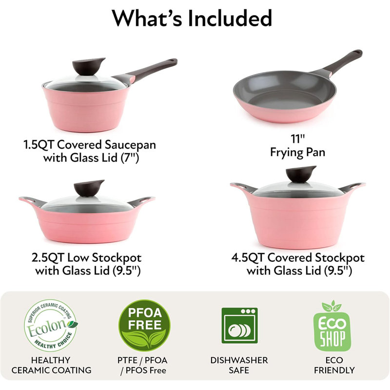 Eela 7pc Cookware, Glass Lid, Pink