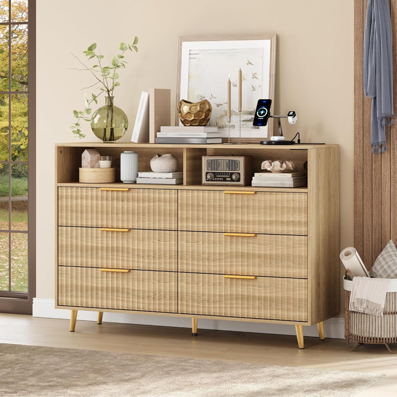 Commode 6 tiroirs cannelée pour chambre à coucher, Beige
