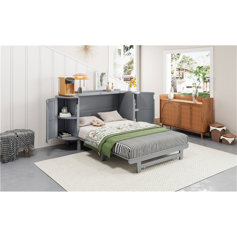 Lit escamotable de conception moderne tissé avec armoires de rangement latérales intégrées, Double, Gris