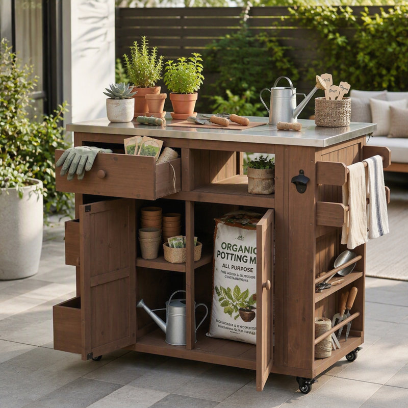 Îlot de cuisine extérieur extensible avec plateau en acier inoxydable et tablette à épices latérale, Brown