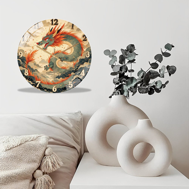Horloge murale silencieuse en verre trempé de 30 cm, « Horloge murale Dragon », sans tic-tac, fonctionne avec des piles AA (non incluses), décoration artistique pour la maison