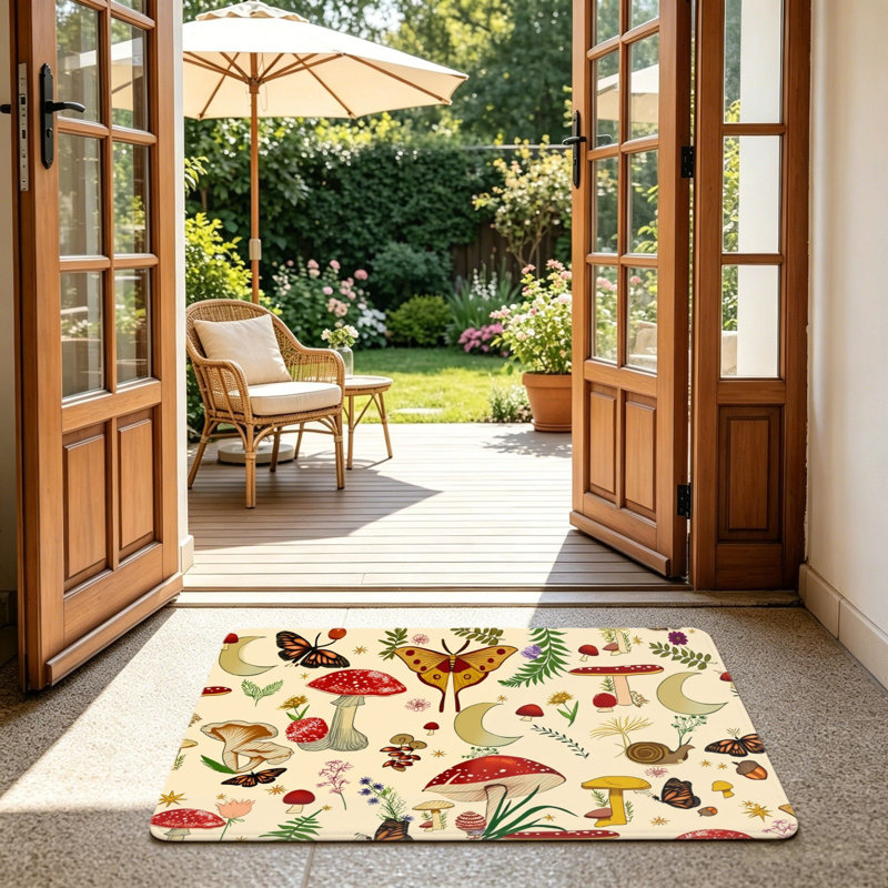 Cream Mushroom Butterfly Pattern Door Mat 24"X 36" for Front Door