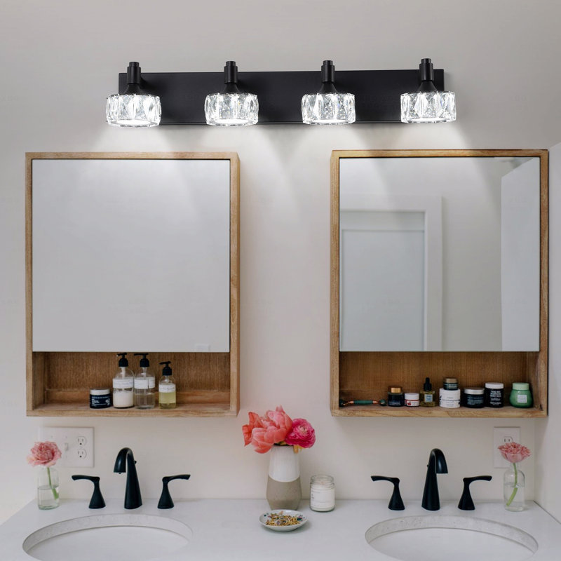 Configuration moderne à 4 lumières de style moderne en métal noir avec fonction de lumière DEL Luminaire de meuble-lavabo avec abat-jour en cristal, pour applique murale dans la salle de bain