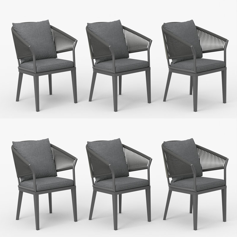 Ensemble de 6 chaises de salle à manger d'extérieur en osier tressé avec coussins (ensemble de 6), Gris foncé / Gris, 6