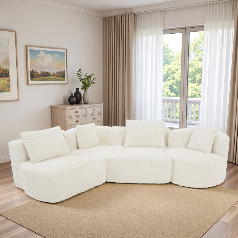 Modular Sectional Sofa With Rounded Silhouette And Pillows, White