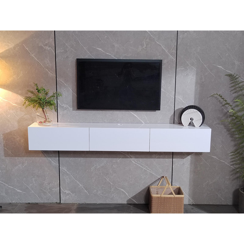 Meuble télé 47 po flottant ultrabrillant avec rangement à 3 portes, blanc, H 9,4 po x L 47 po x l 9,4 po