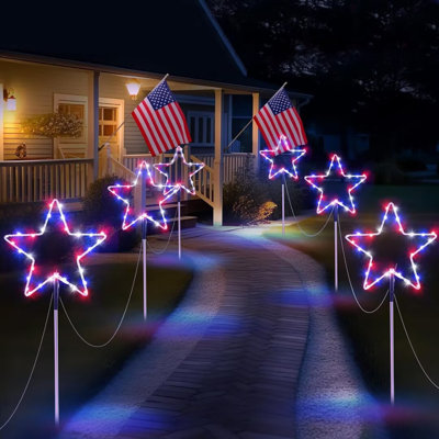 Solar Pathway Lights Red White and Blue Star Lights Independence Day Decoration Outdoor  Waterproof