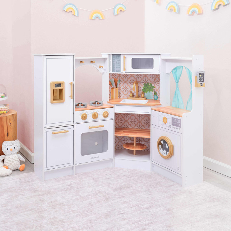 Cuisine de jeu ultime en bois avec lumières et sons, téléphone de jeu et rideaux, blanc, Blanc / Naturel