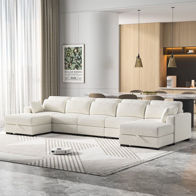 7-Piece Symmetrical Upholstery Sectional Sofa With Movable Storage Ottomans, Corduroy Sofa Collection, Beige Corduroy