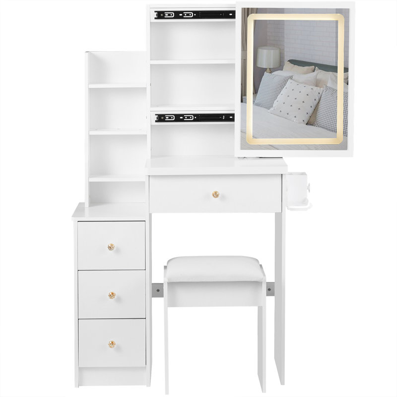 29.2" Small Size Left Bedside Cabinet Vanity Table + Cushioned Stool, 2 AC+2 USB Power Station, Hair dryer bracket, Extra Large Touch Control Sliding LED Mirror, Tri-color Switching, Brightness Adjust