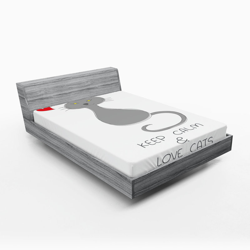 Ambesonne Keep Calm Fitted Sheet 2-Pack Grey Cat Red Heart Calking Grey Red Yellow, California King Fitted Sheet