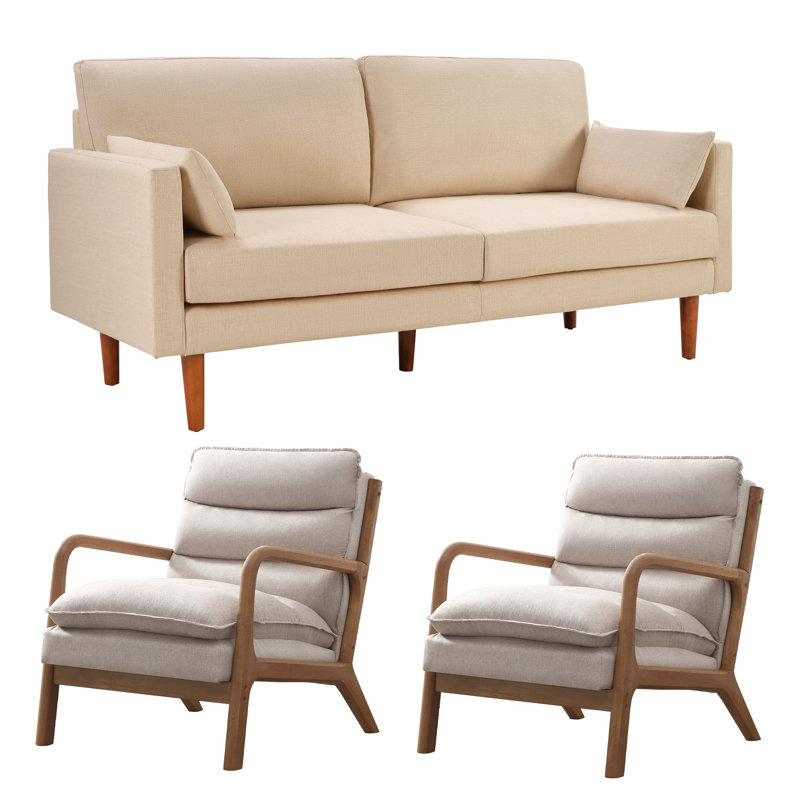 3-Piece Modern Fabric Upholstered Square Arm Sofa Set - Living Room Chair And Sofa with Solid Wood Legs