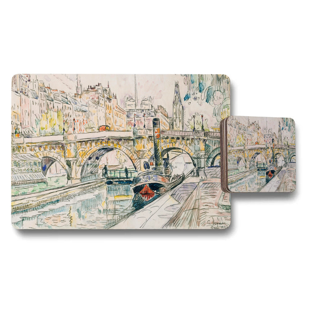 Watercolor Cityscape Placemat And Coaster Set With Bridge Scene