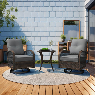 Ensemble bistro d'extérieur pivotant pour bistro - ensemble de patio en osier 3 pièces avec 2 chaises berçantes pivotantes, coussins et table d'appoint en verre trempé, parfait pour le porche, le jardin, la cour arrière, la piscine