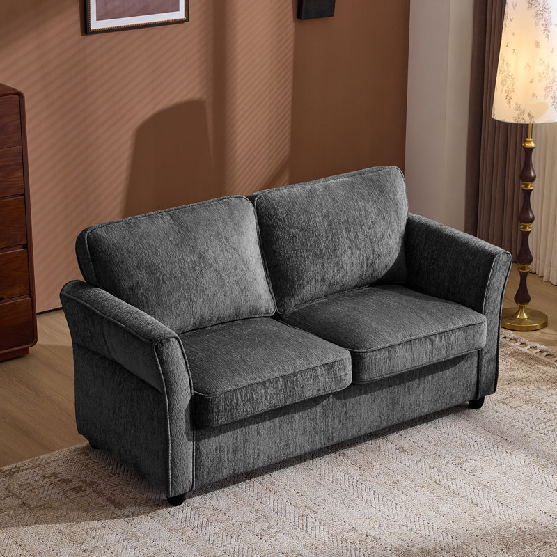 Compact Floral Arm Chenille Loveseat Small Space 2 Seater Sofa for Apartment Bedroom, Dark Gray