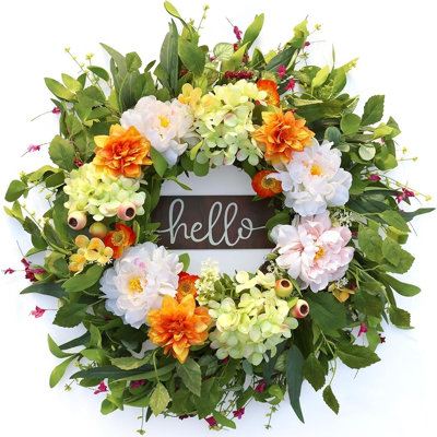 Front Door Summer Wreath With Hello Sign – Hydrangea, Dahlia, Peony, Berry & Eucalyptus Greenery Wreath For Porch, Wall, Window Decor