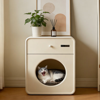 Modern Cat House Nightstand, Multi-Functional Pet Bed Side Table with Hidden Storage, Cream White