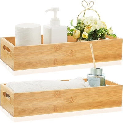 2 bacs de toilette en bambou avec poignées, panier à papier hygiénique en bois et organisateur avec 10 coussinets antidérapants en silicone